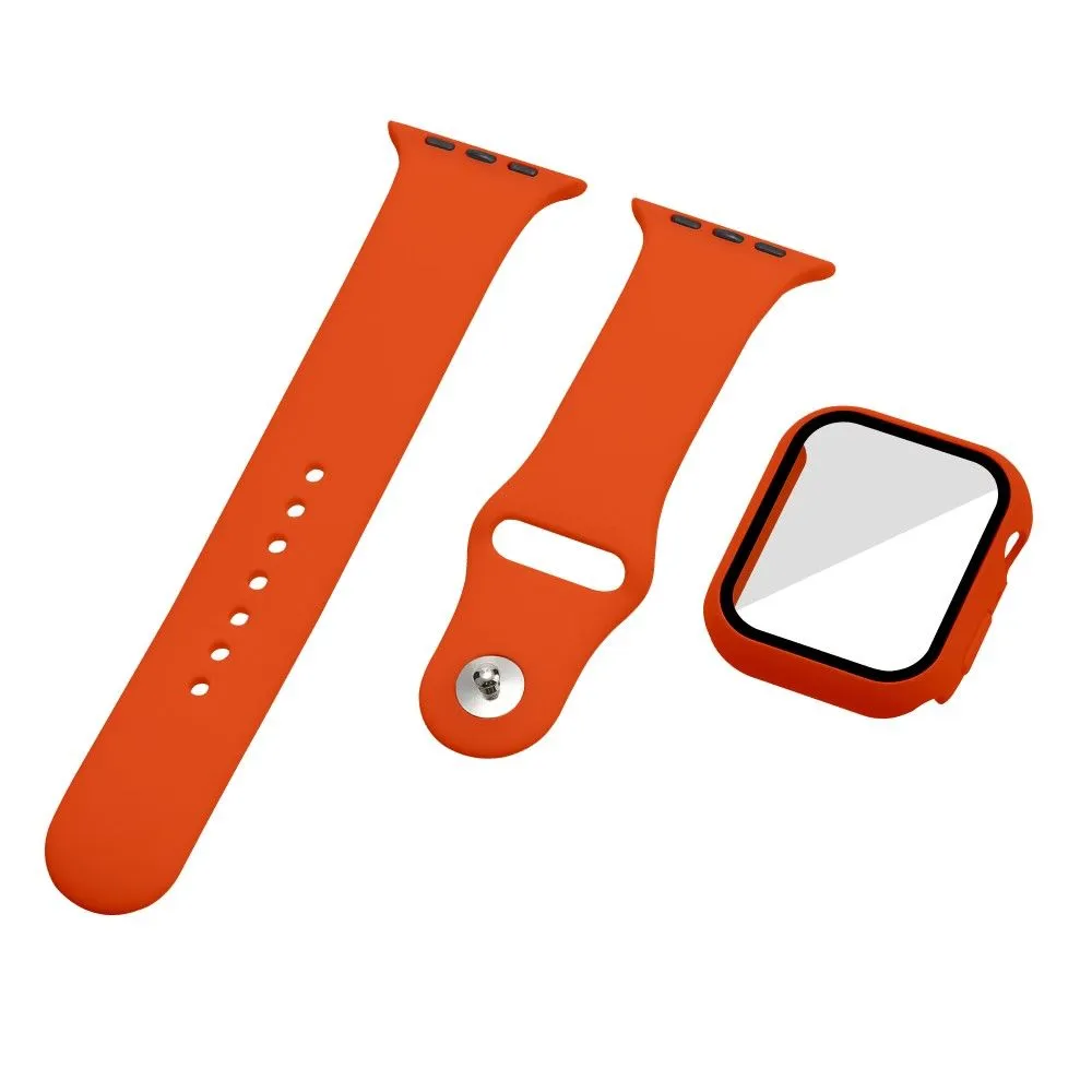 Apple Watch (45mm) silicone watch strap   cover with tempered glass - Orange / Size: M / L