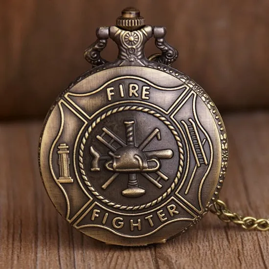 FIRE Fighter Quartz Pocket Watch Bronze Firemen With Necklace Chain