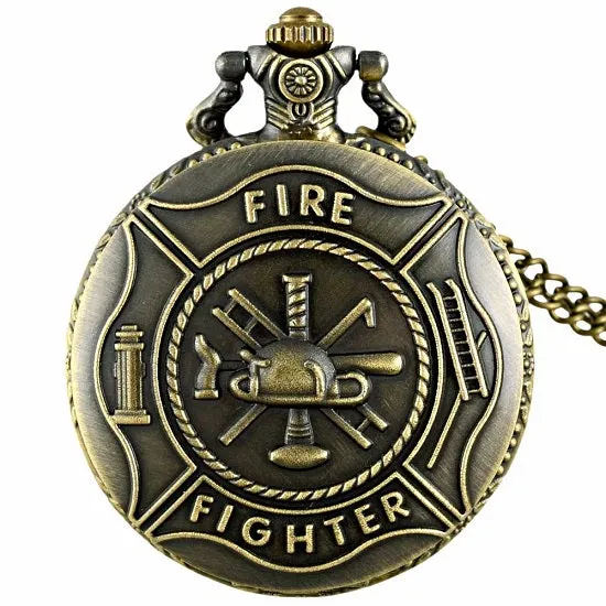 FIRE Fighter Quartz Pocket Watch Bronze Firemen With Necklace Chain