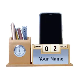 Giftana Personalized Pen Stand with Name, Table Clock and Calendar, Customized Desk Organizer for Doctors, CA Personalised Office Desk, Eco Friendly New Year Gifts for Employees (Beige, Silver)