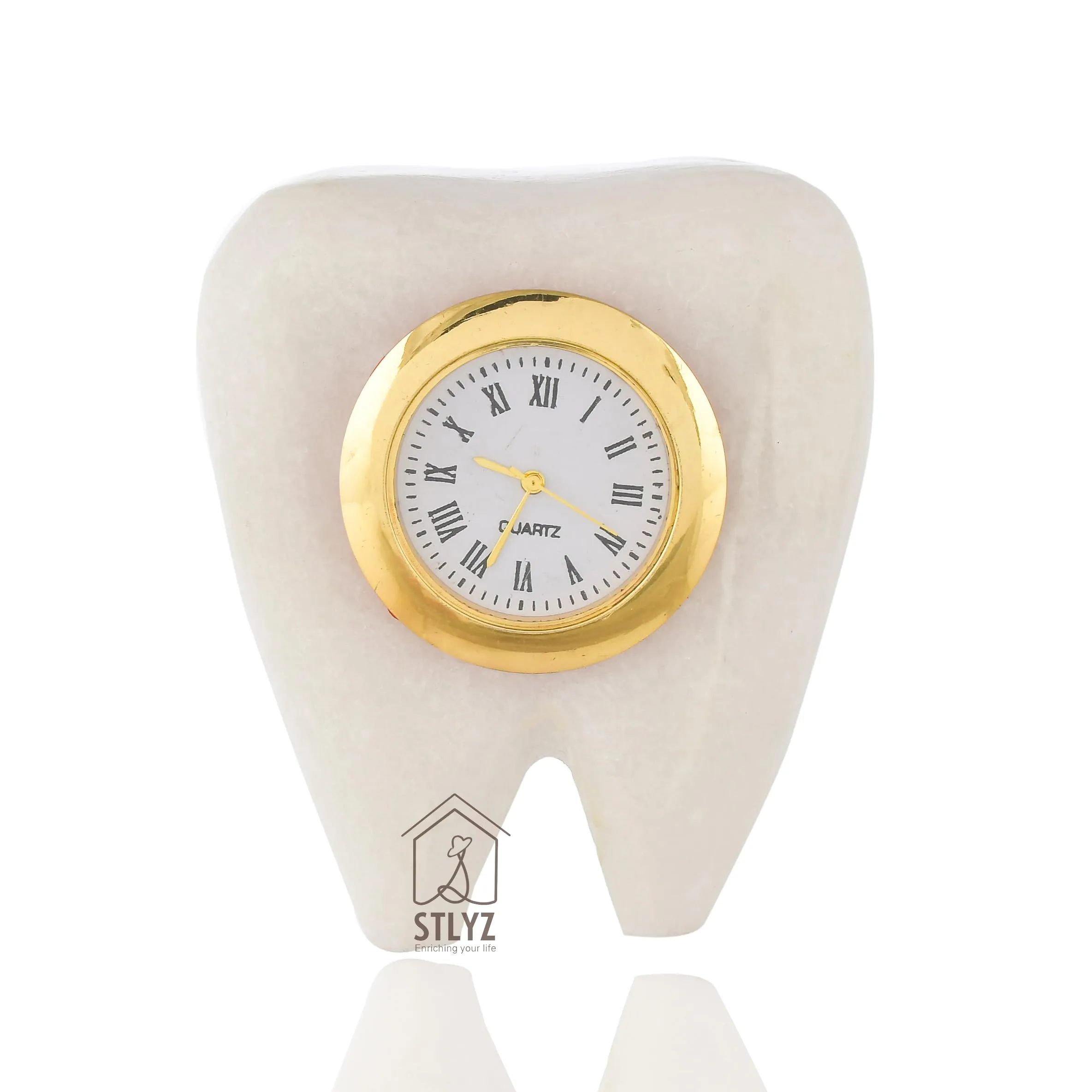 Grahvatika Marble Table Dcor Clock, Tooth Shaped Watch for Dentist Desk,Marble Paper Weight, Ideal Gift for Dentist and Doctors