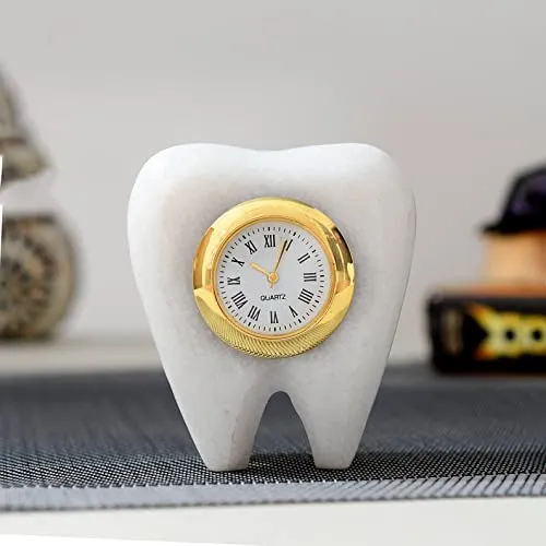 Grahvatika Marble Table Dcor Clock, Tooth Shaped Watch for Dentist Desk,Marble Paper Weight, Ideal Gift for Dentist and Doctors