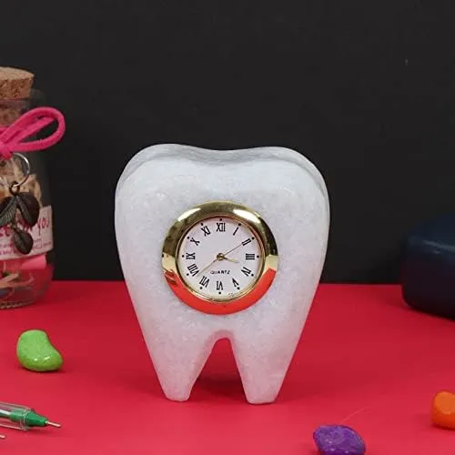 Grahvatika Marble Table Dcor Clock, Tooth Shaped Watch for Dentist Desk,Marble Paper Weight, Ideal Gift for Dentist and Doctors