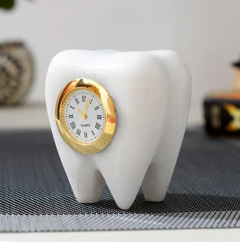 Grahvatika Marble Table Dcor Clock, Tooth Shaped Watch for Dentist Desk,Marble Paper Weight, Ideal Gift for Dentist and Doctors