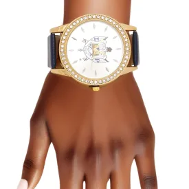 Sigma Gamma Rho Inspired SGRHO Blue Leather Gold Sun Cut Dial Watch Women