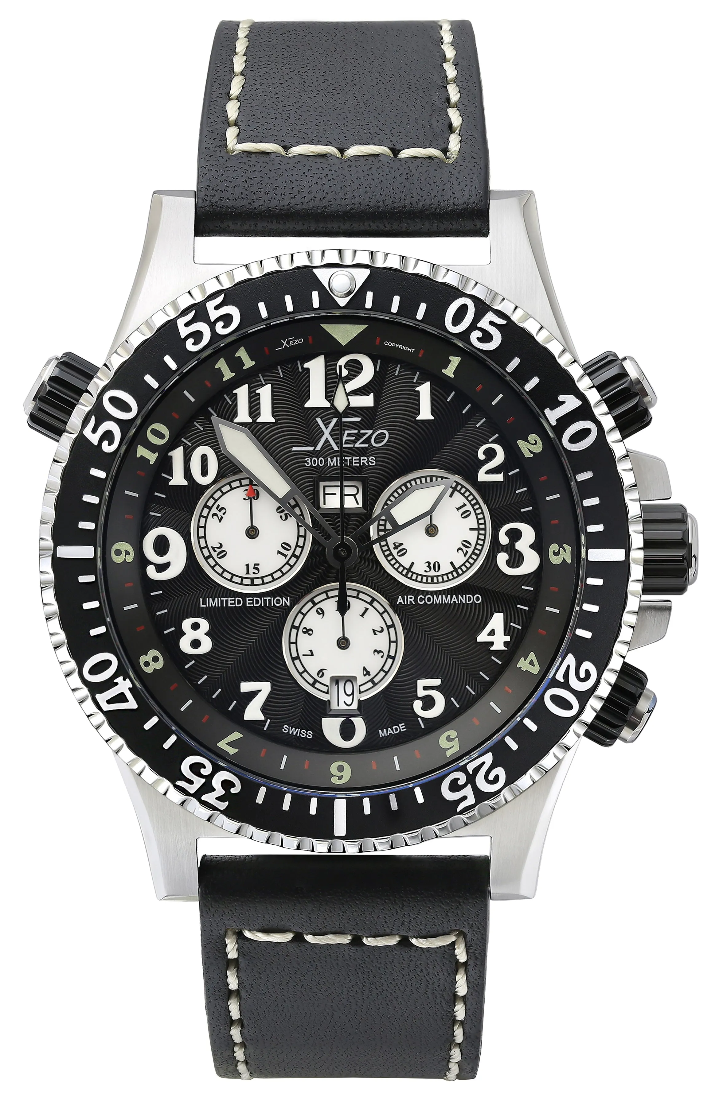 Xezo Air Commando 300-Meter Water Resistant Swiss-Made Chronograph Men's Watch With Second Time Zone (Air Commando D45-GS-L)